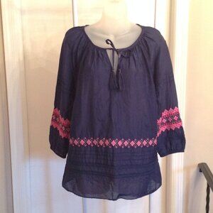 Vineyard Vines Semi Sheer Navy Blue Pink Embroidered Tassel Peasant Blouse Top S